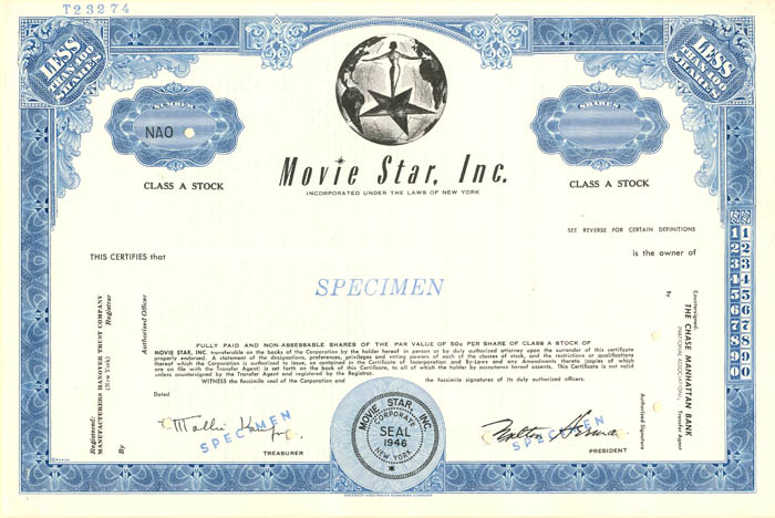 Movie Star, Inc. - Stock Certificate